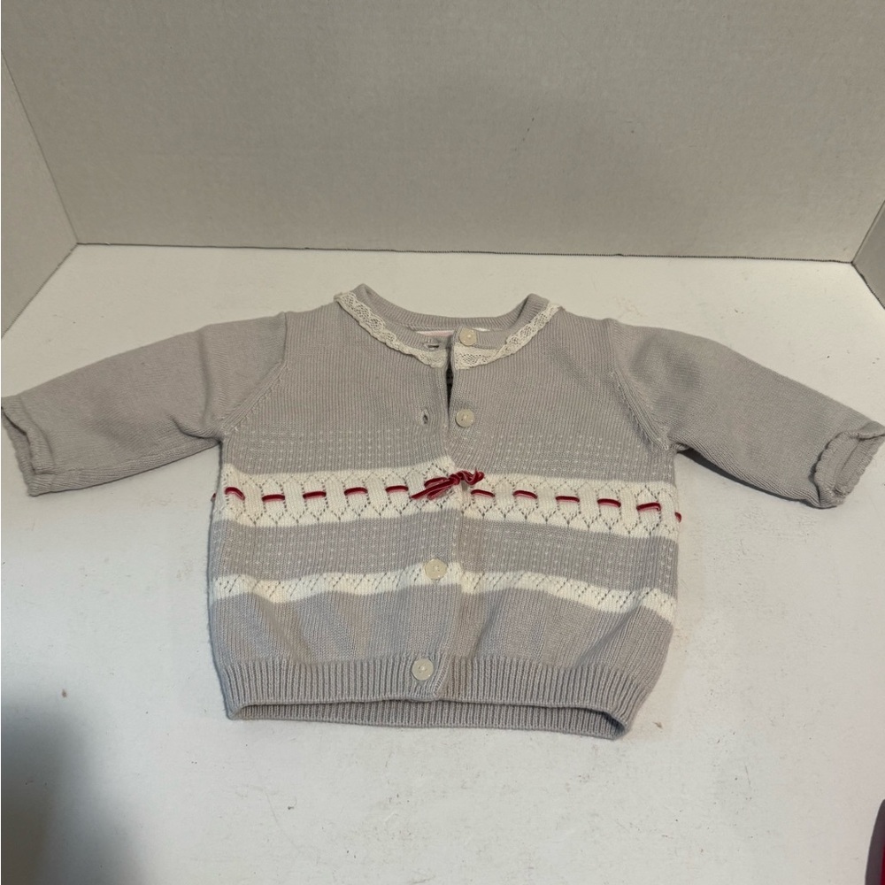 Gray and White Baby Cardigan with Red Accents